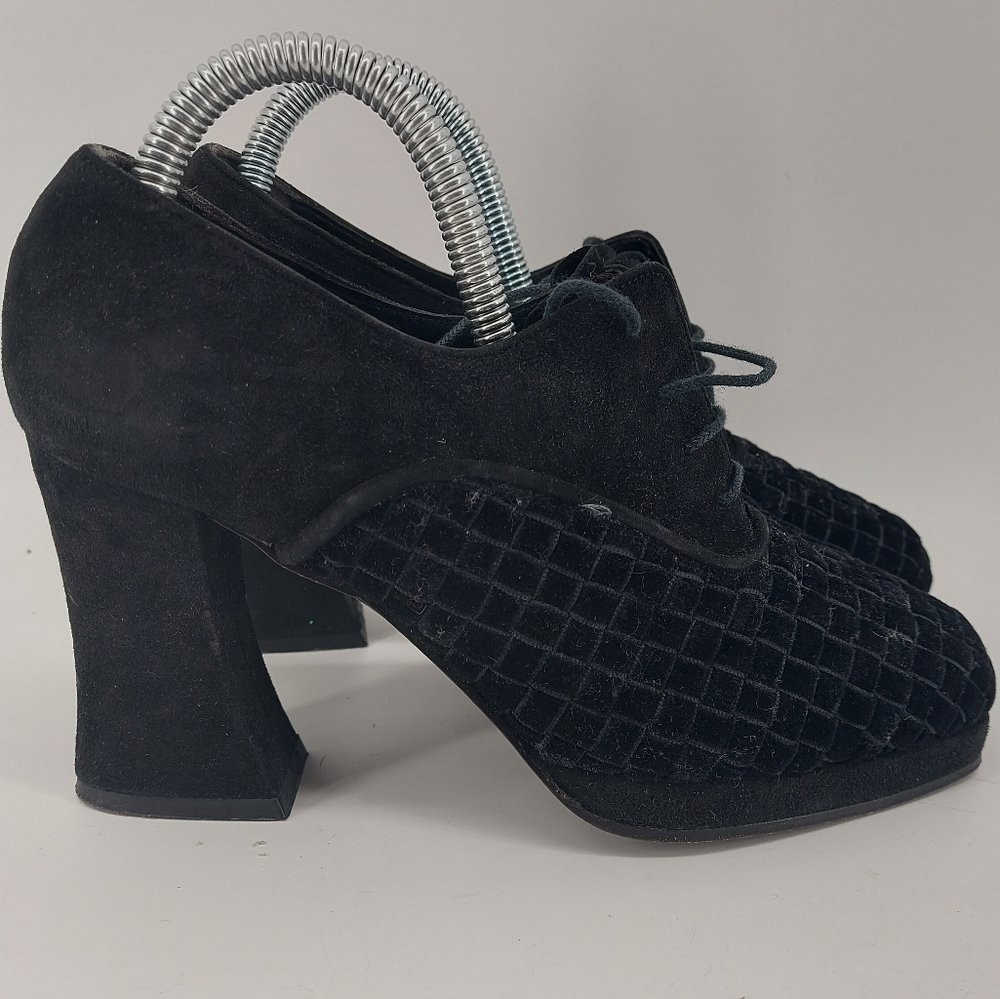 Stephane Kelian Black Velvet and Leather Lace up Chunky Heeled Shoes Size 5